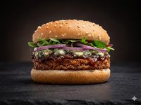 Den blauwe keis burger - Sla, rode ui, rode uienconfituur, spek, blauwe schimmelkaas