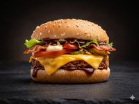 BBQ King burger - Sla, tomaat, spek, kaas, gedroogde ui, bbq saus