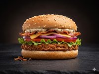 Pepper burger - Sla, tomaat, rode ui, kaas, spek, pepermayonaise